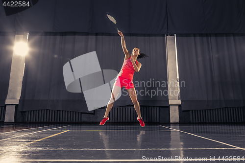 Image of Young woman playing badminton at gym