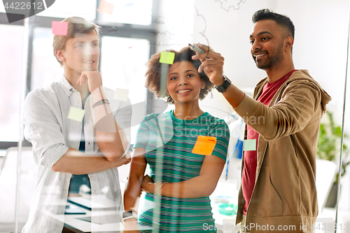 Image of creative team writing on glass board at office