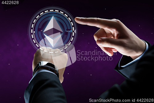 Image of male hands with smart watch and ethereum hologram