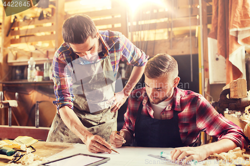 Image of workmen with tablet pc and blueprint at workshop