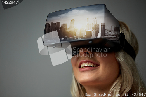 Image of woman in virtual reality headset or 3d glasses