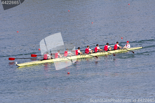 Image of Rowers in eight-oar rowing boats on the tranquil lake