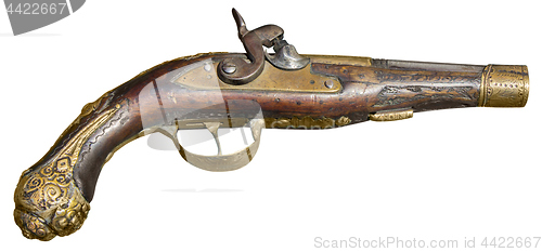 Image of Old vintage firelock gun isolated on white background