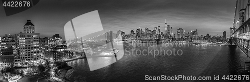 Image of Brooklyn Bridge and Lower Manhattan skyline at night, New York city, USA.