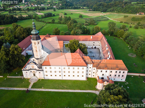 Image of Aerial view of Cistercian monastery Kostanjevica na Krki, homely appointed as Castle Kostanjevica, Slovenia, Europe
