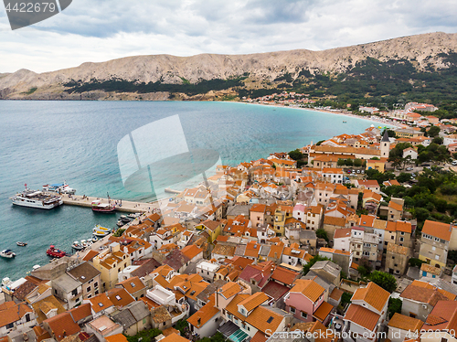 Image of Aerial panoramic view of Baska town, popular touristic destination on island Krk, Croatia, Europe