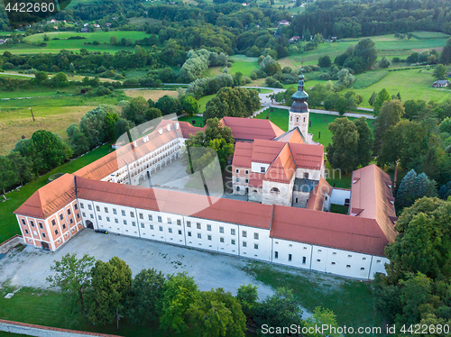 Image of Aerial view of Cistercian monastery Kostanjevica na Krki, homely appointed as Castle Kostanjevica, Slovenia, Europe