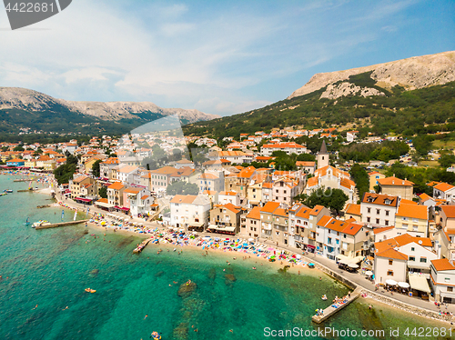 Image of Aerial panoramic view of Baska town, popular touristic destination on island Krk, Croatia, Europe