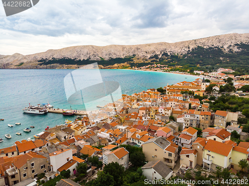 Image of Aerial panoramic view of Baska town, popular touristic destination on island Krk, Croatia, Europe