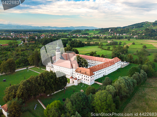 Image of Aerial view of Cistercian monastery Kostanjevica na Krki, homely appointed as Castle Kostanjevica, Slovenia, Europe
