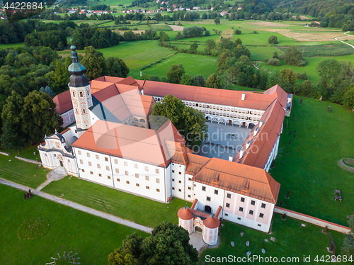 Image of Aerial view of Cistercian monastery Kostanjevica na Krki, homely appointed as Castle Kostanjevica, Slovenia, Europe