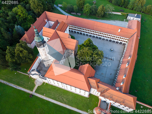 Image of Aerial view of Cistercian monastery Kostanjevica na Krki, homely appointed as Castle Kostanjevica, Slovenia, Europe