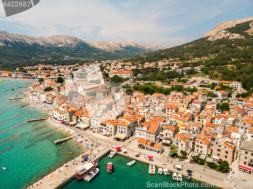 Image of Aerial panoramic view of Baska town, popular touristic destination on island Krk, Croatia, Europe