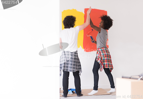 Image of multiethnic couple painting interior wall