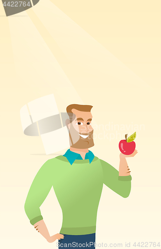Image of Young man holding an apple vector illustration.