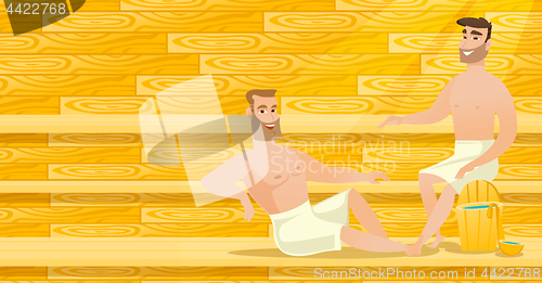 Image of Caucasian men relaxing in sauna.