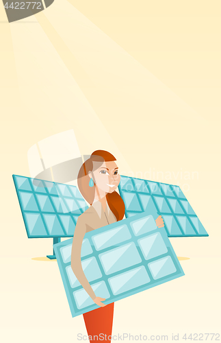 Image of Woman holding solar panel vector illustration.