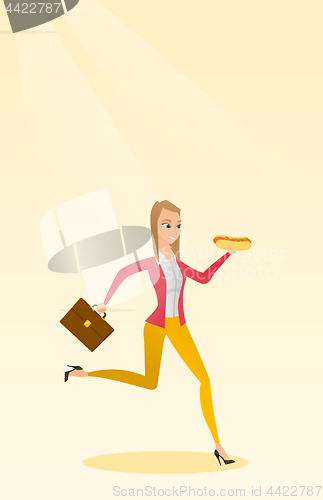 Image of Business woman eating hot dog vector illustration.