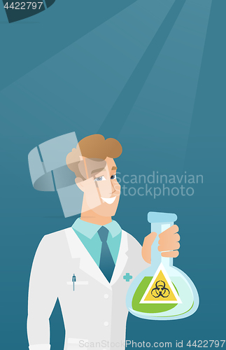 Image of Scientist holding flask with biohazard sign.
