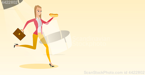Image of Business woman eating hot dog vector illustration.