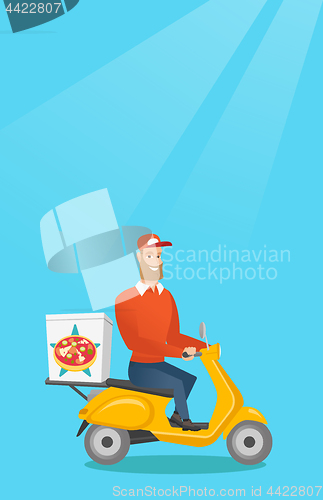 Image of Man delivering pizza on scooter.