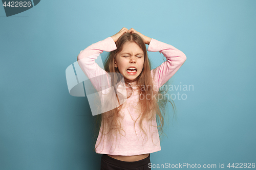 Image of The cry. Teen girl on a blue background. Facial expressions and people emotions concept