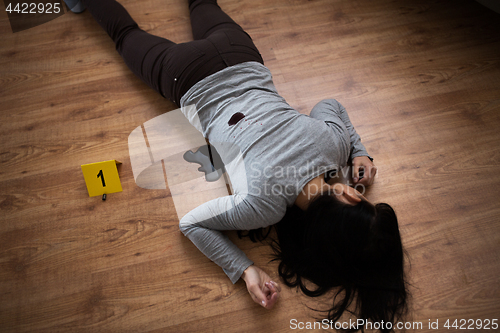 Image of dead woman body in blood on floor at crime scene