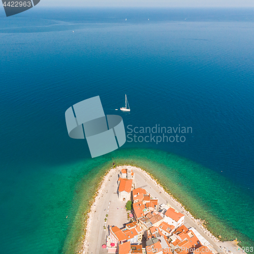 Image of Aerial view of old town Piran, Slovenia, Europe. Summer vacations tourism concept background.