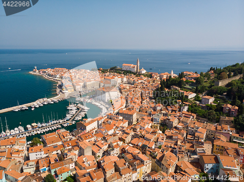 Image of Aerial view of old town Piran, Slovenia, Europe. Summer vacations tourism concept background.