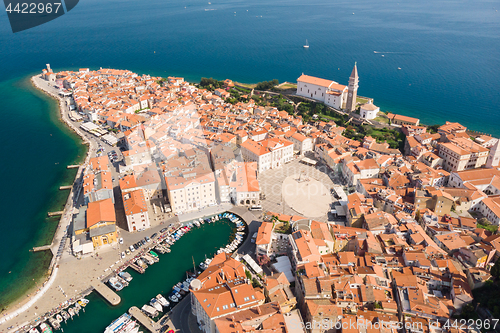 Image of Aerial view of old town Piran, Slovenia, Europe. Summer vacations tourism concept background.