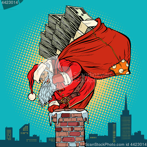 Image of Santa Claus with money climbs into the chimney