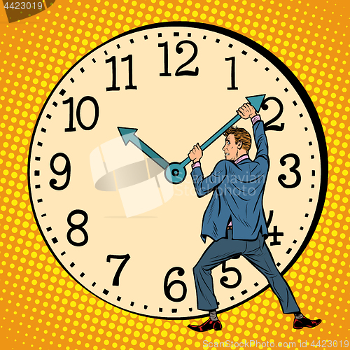 Image of man wants to stop the clock. Time management