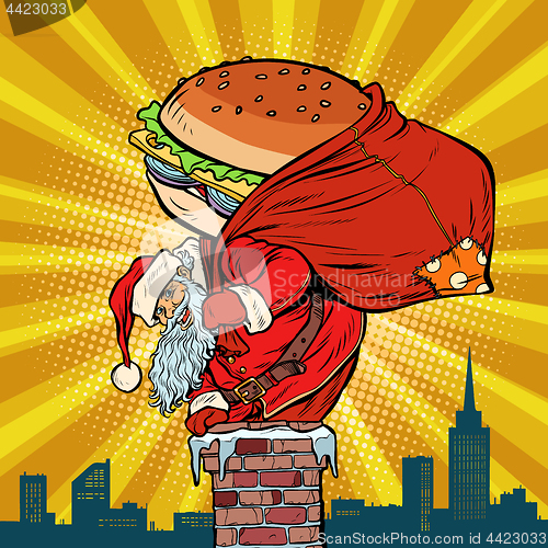 Image of Santa Claus with a Burger climbs into the chimney. Food delivery