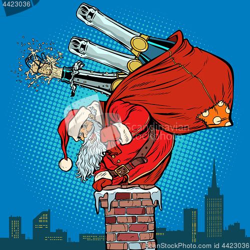 Image of Santa Claus with champagne climbs the chimney