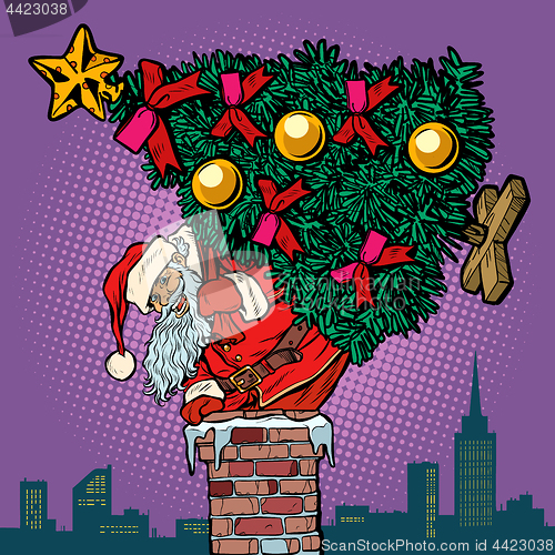 Image of Santa Claus with a Christmas tree climbs the chimney