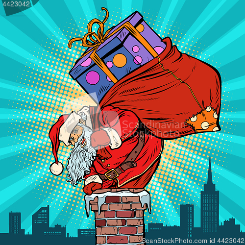 Image of Santa Claus with bag of presents climbing into the chimney