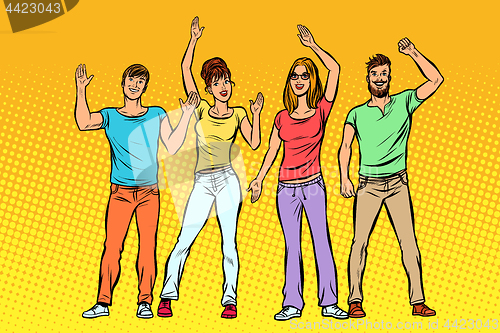 Image of greeting. a group of people waving their hands
