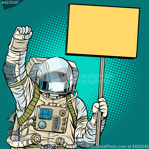 Image of Astronaut in a medical mask protests with a poster