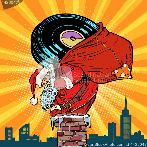 Image of Santa Claus with vinyl records climbs into the chimney