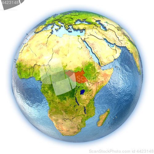 Image of South Sudan on isolated globe