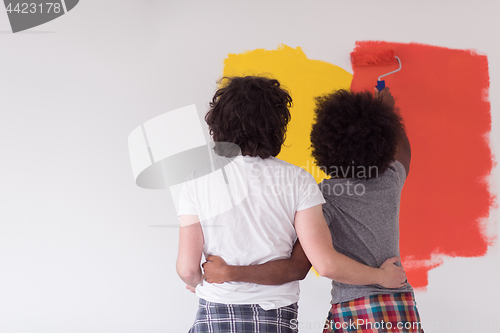 Image of multiethnic couple painting interior wall