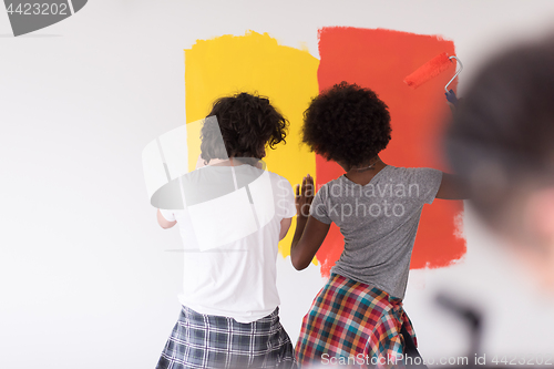 Image of multiethnic couple painting interior wall