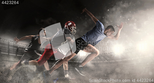 Image of Multi sports collage about basketball, run, American football players at stadium
