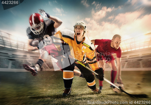 Image of Multi sports collage about ice hockey, soccer and American football players at stadium