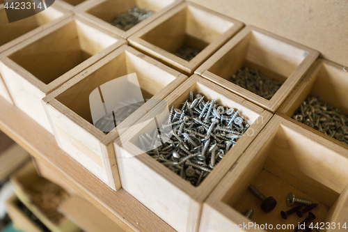 Image of screws in wooden boxes at workshop