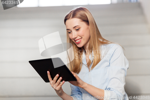 Image of woman or student with tablet pc at office stairs