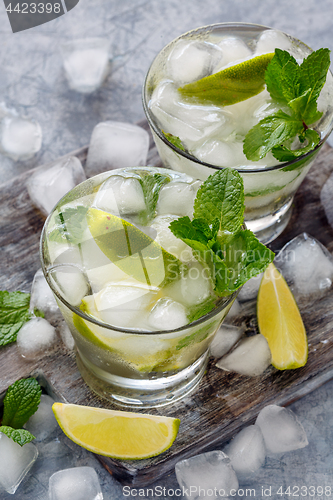 Image of Lemonade with mint, lime slices and ice cubes.
