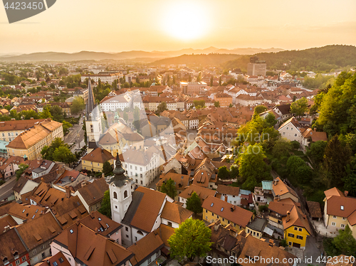 Image of Aerial view of old medieval city center of Ljubljana, capital of Slovenia.