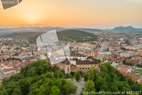 Image of Panorama of the Slovenian capital Ljubljana at sunset.