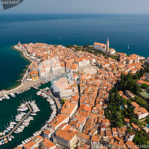 Image of Aerial view of old town Piran, Slovenia, Europe. Summer vacations tourism concept background.